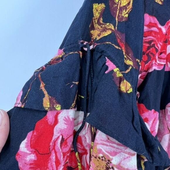 Entro Women's Floral Tiered Blouse Top Layered Bell Sleeve Pink Navy Blue Small - Picture 14 of 15